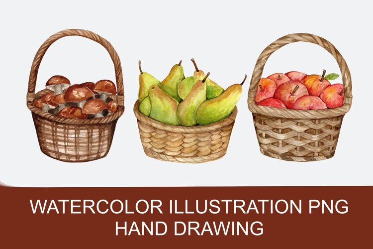 Three autumn baskets, mushrooms, apples, watercolor PNG example image 1