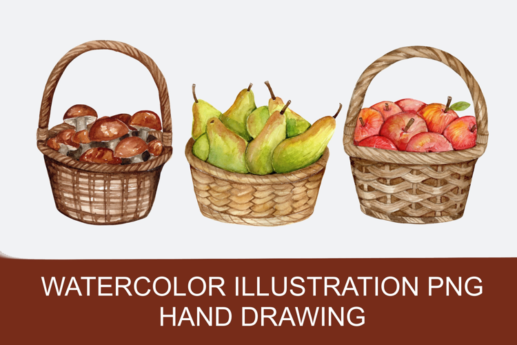 Three autumn baskets, mushrooms, apples, watercolor PNG
