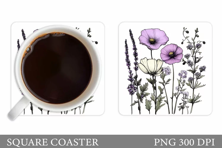 Flowers Square Coaster Sublimation. Flowers Coaster Design