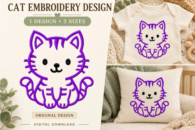 Cute Kitten Outline Embroidery Design