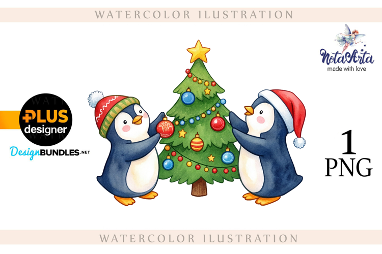 Christmas Penguins in Watercolor Style