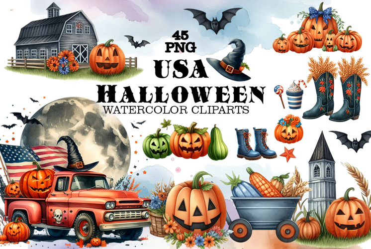 USA Halloween watercolor clipart