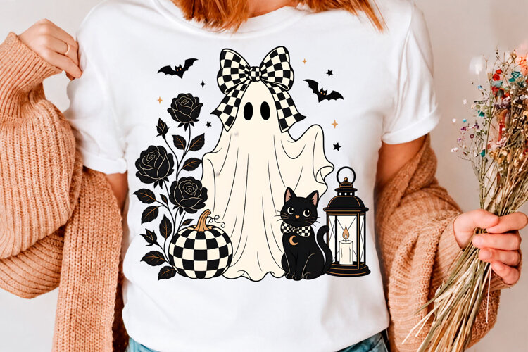 Cute Ghost Black And White Halloween Cat Pumpkin T-Shirt Des example image 1