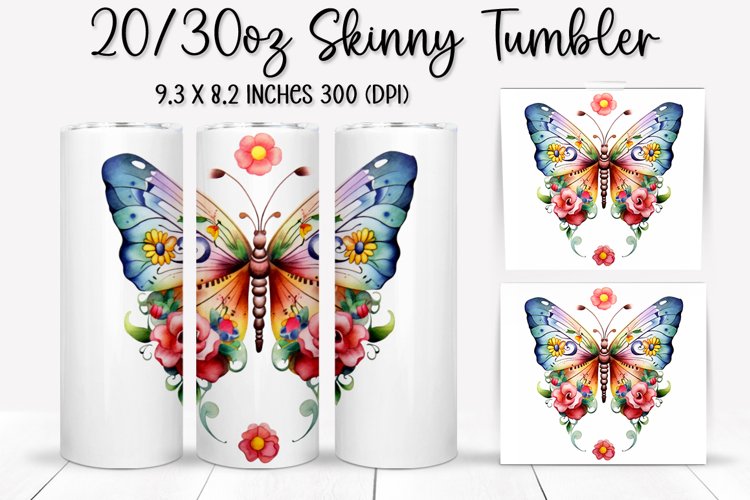 Rainbow Butterfly and Flowers - Tumbler Sublimation Design