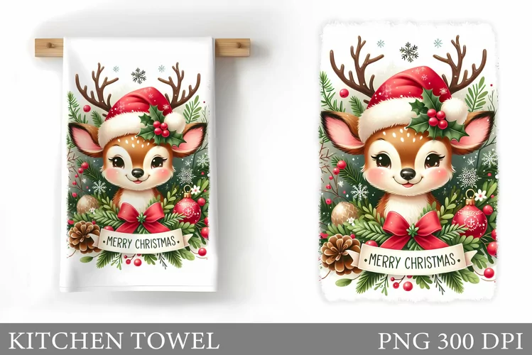 Cute Deer Kitchen Towel. Christmas Kitchen Towel Design