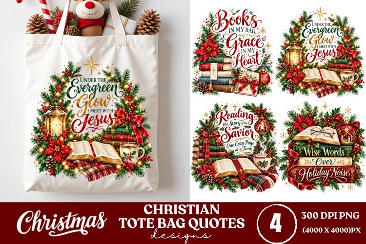 4 Christian Christmas Tote Bag PNGs, 4 Bible Lover Christmas example image 1