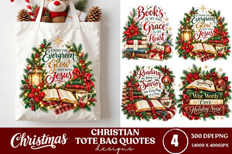 4 Christian Christmas Tote Bag PNGs, 4 Bible Lover Christmas