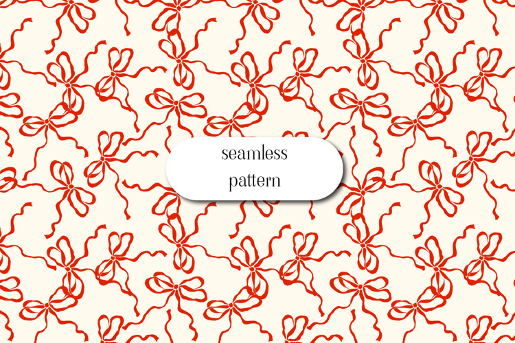 Red Ribbon Bow Seamless Pattern on Cream Background Art example image 1