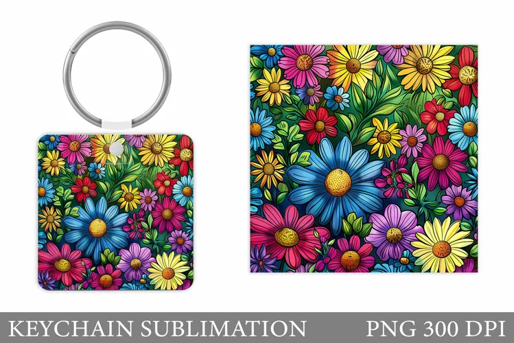 Floral Keychain Sublimation. Flowers Square Keychain Design