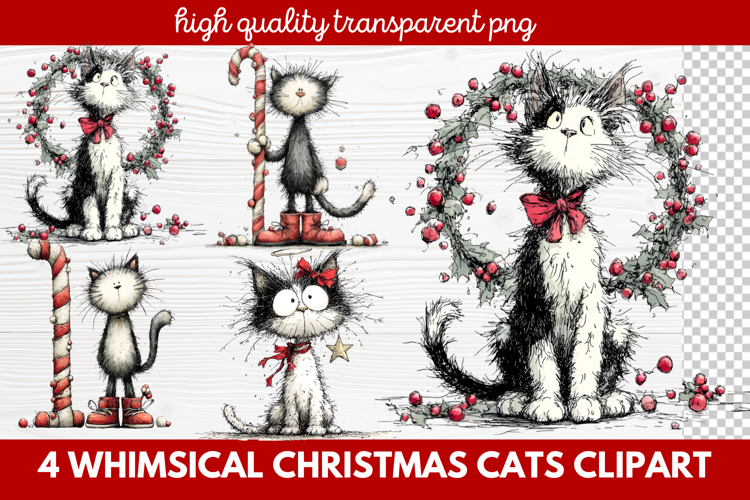 4 Whimsical Christmas Cats Clipart | Cute Holiday Cat PNG