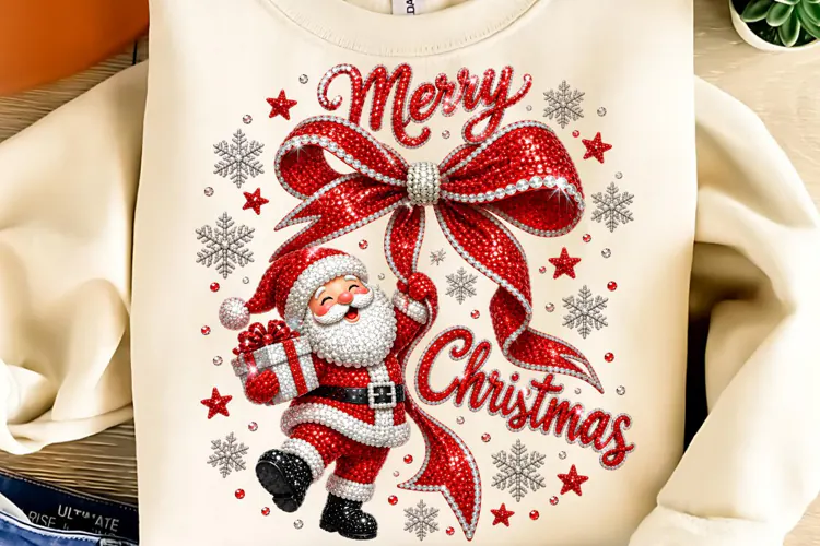 Rhinestone Merry Christmas Santa PNG, Christmas Santa PNG