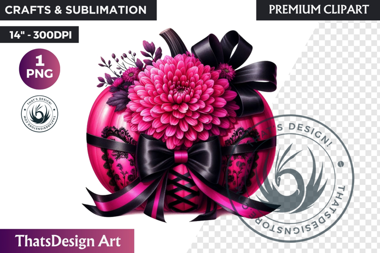 Floral Pink Coquette Pumpkin with bow PNG, Autumn Girly bow