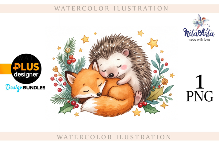 Watercolor illustration of Christmas hedgehogs