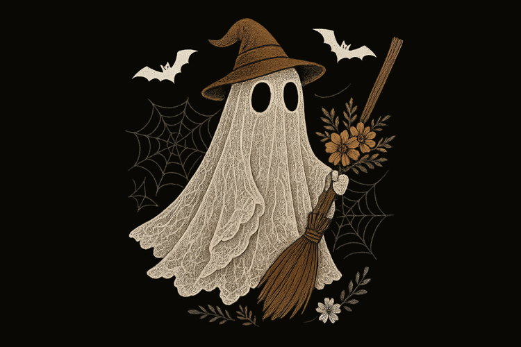 Lace Witch Ghost Floral Broom Halloween Bats PNG Design
