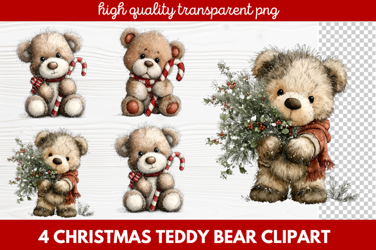 4 Christmas Teddy Bear Clipart | Cute Holiday Bear PNG Illus