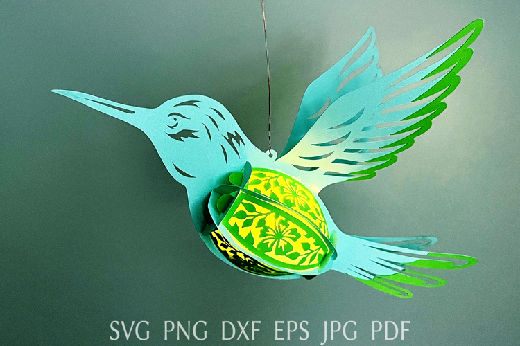 3d bird lantern svg template, paper hummingbird lamp
