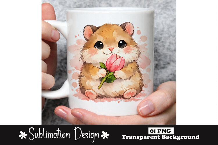 Cute Hamster Holding Tulip Watercolor Animal Sublimation example image 1