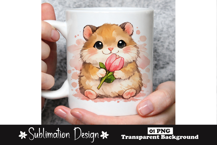Cute Hamster Holding Tulip Watercolor Animal Sublimation