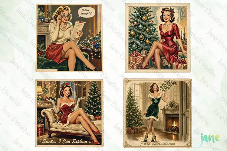 Vintage Christmas Pin-up Stamp Clipart