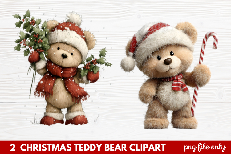 2 Christmas Teddy Bear Clipart | Cute Holiday Bear PNG Illus