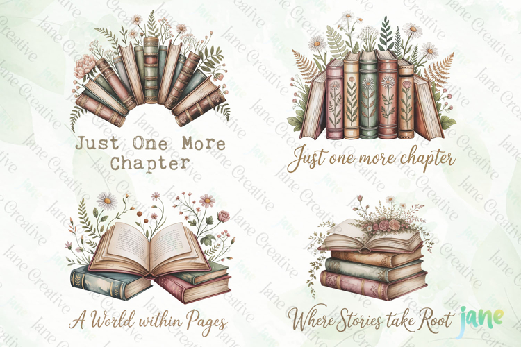 Cottagecore Books and Flowers Clipart