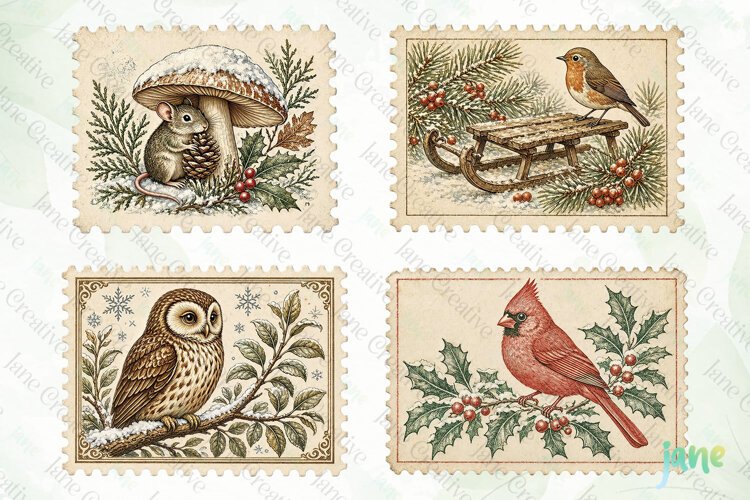 Vintage Winter Postage Stamp Clipart example image 1