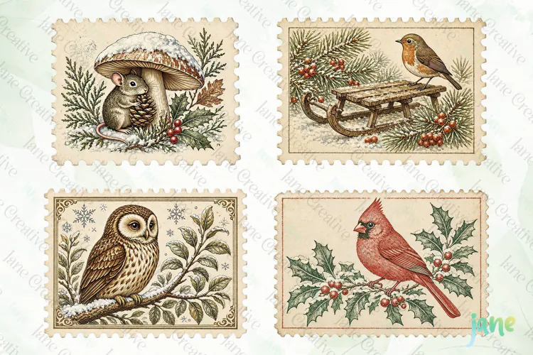 Vintage Winter Postage Stamp Clipart