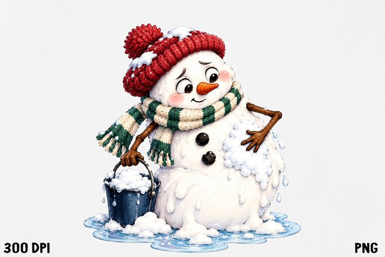 Funny Melting Snowman PNG Christmas Clipart example image 1