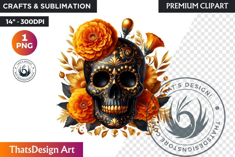 Floral Black Gold Sugar Skull dia de muertos Clipart PNG