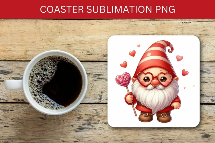 valentine square coaster - gnome with hearts
