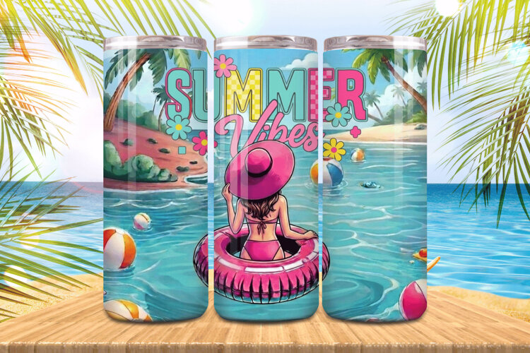 Summer vibes girl in beach with swimming ring Tumbler Wrap P example image 1
