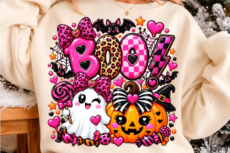 Pink Leopard BOO Ghost Pumpkin Halloween PNG
