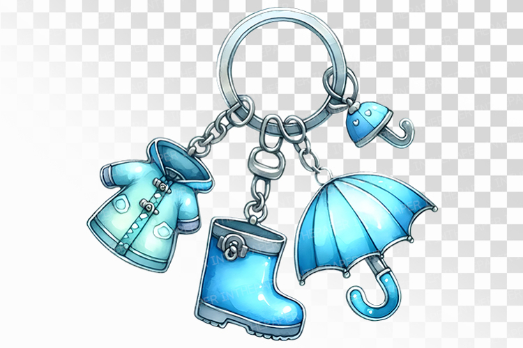 Blue Keychain with Raincoat Boot Umbrella Charms PNG