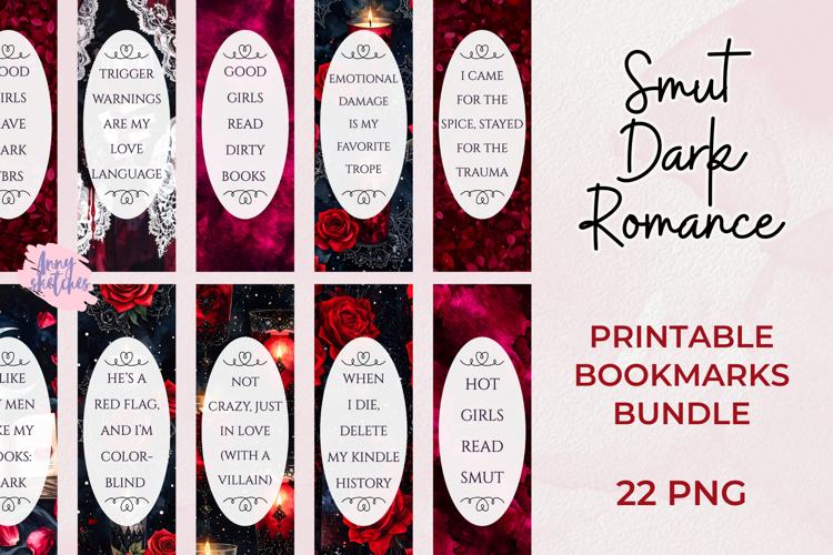 Smut Dark Romance Printable Bookmarks Bundle Gothic PNG