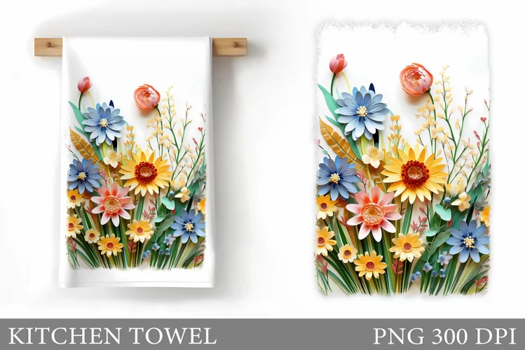 Flowers Kitchen Towel. 3D Wildflowers Kitchen Towel Design