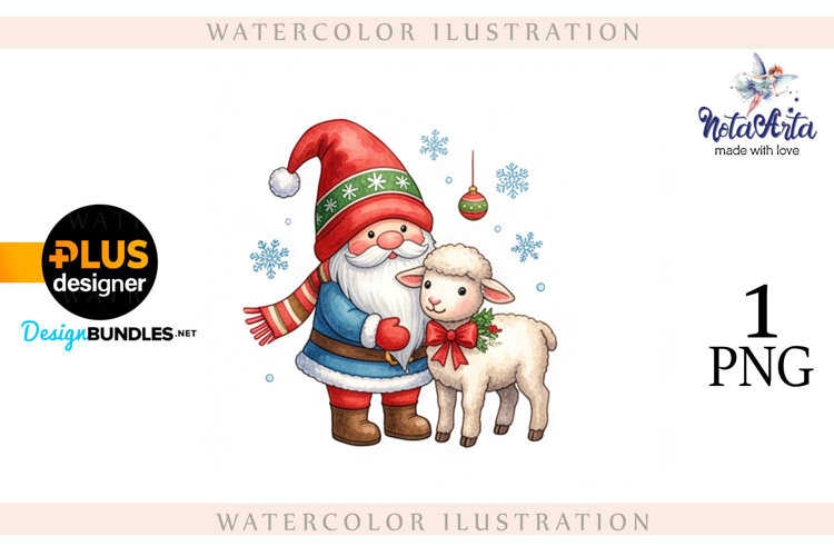 Christmas Gnome Santa with a Sheep in Watercolor Style example image 1