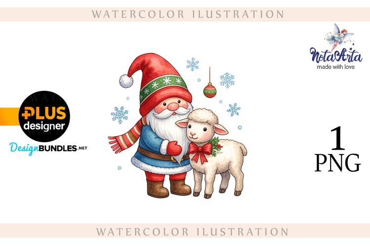 Christmas Gnome Santa with a Sheep in Watercolor Style