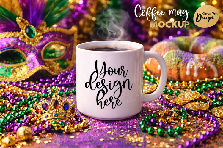 Mardi Gras Coffee Mug Mockup White Ceramic Cup |PNG | JPG