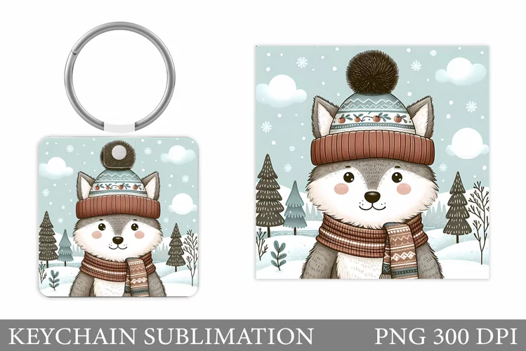 Christmas Wolf Keychain. Christmas Keychain Design