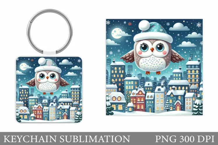 Cute Owl Keychain Design. Winter Keychain Sublimation