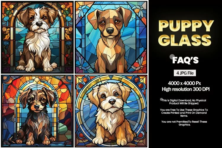 Puppy Stained Glass Square Coaster - 04 Variations