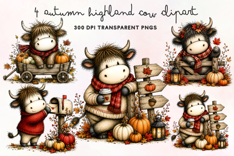Autumn Highland Cow Clipart PNG