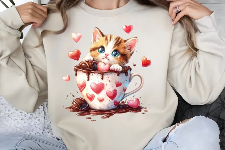 Watercolor Valentine Cat Love Clipart PNG