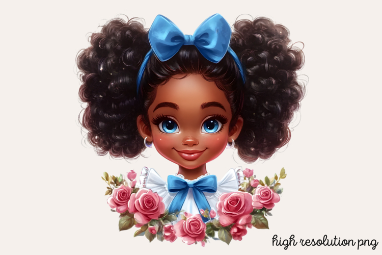 Cute Black Girl with Flower Clipart PNG