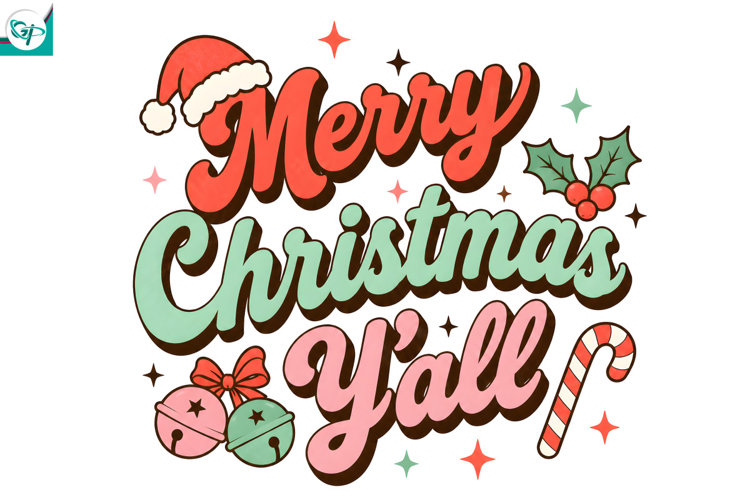 Merry Christmas Y’all PNG, Retro Christmas Sublimation