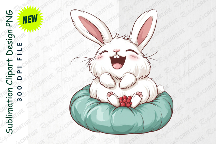 Happy White Bunny Sitting On A Teal Pillow Holding Clipart