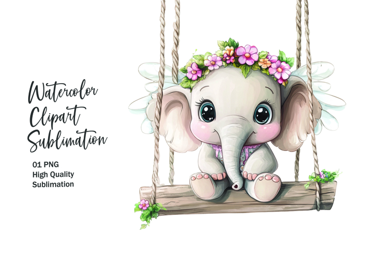 Cute elephant sitting in wooden swing clipart png