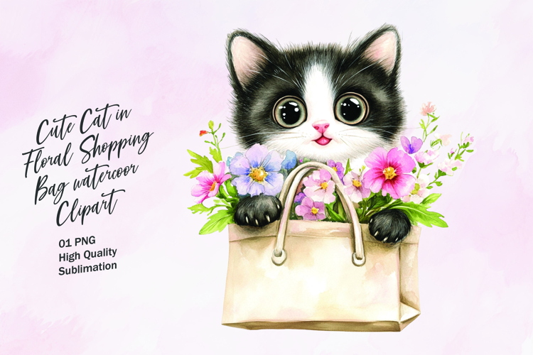 Cute cat sitting in shopping bag clipart sublimation