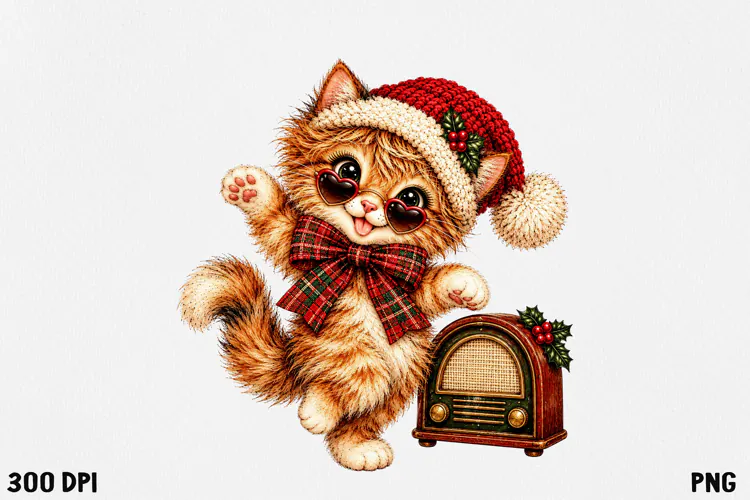 Cute Christmas Cat Clipart PNG | Whimsical Holiday Kitty