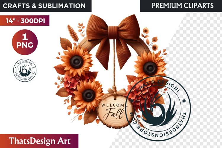 Sunflower Autumn Wreath - Rustic Farmhouse Harvest PNG